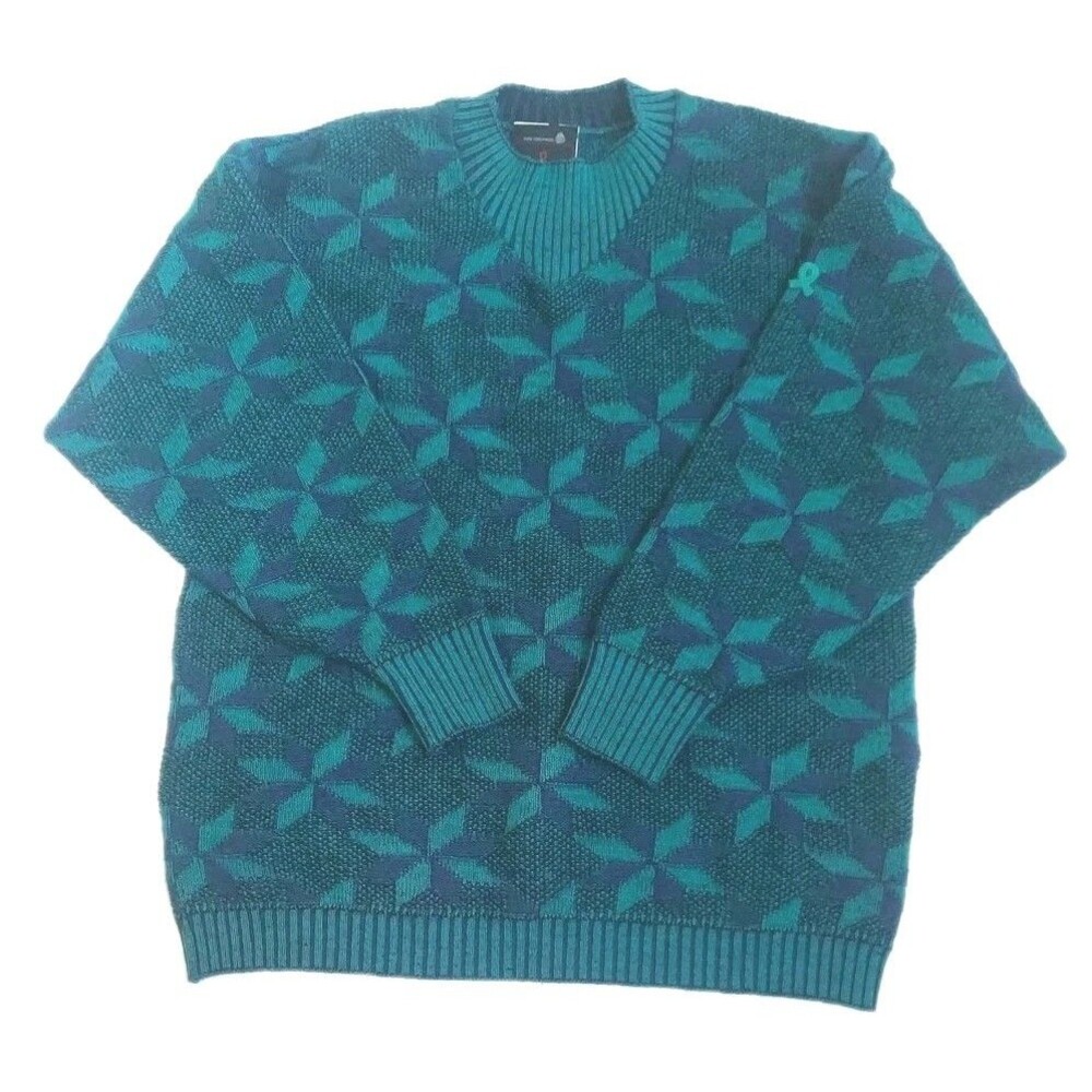 Ladies Vintage 1980s DEMETRE Blue Snowflake  Wool Ski Sweater Size L Made In USA
